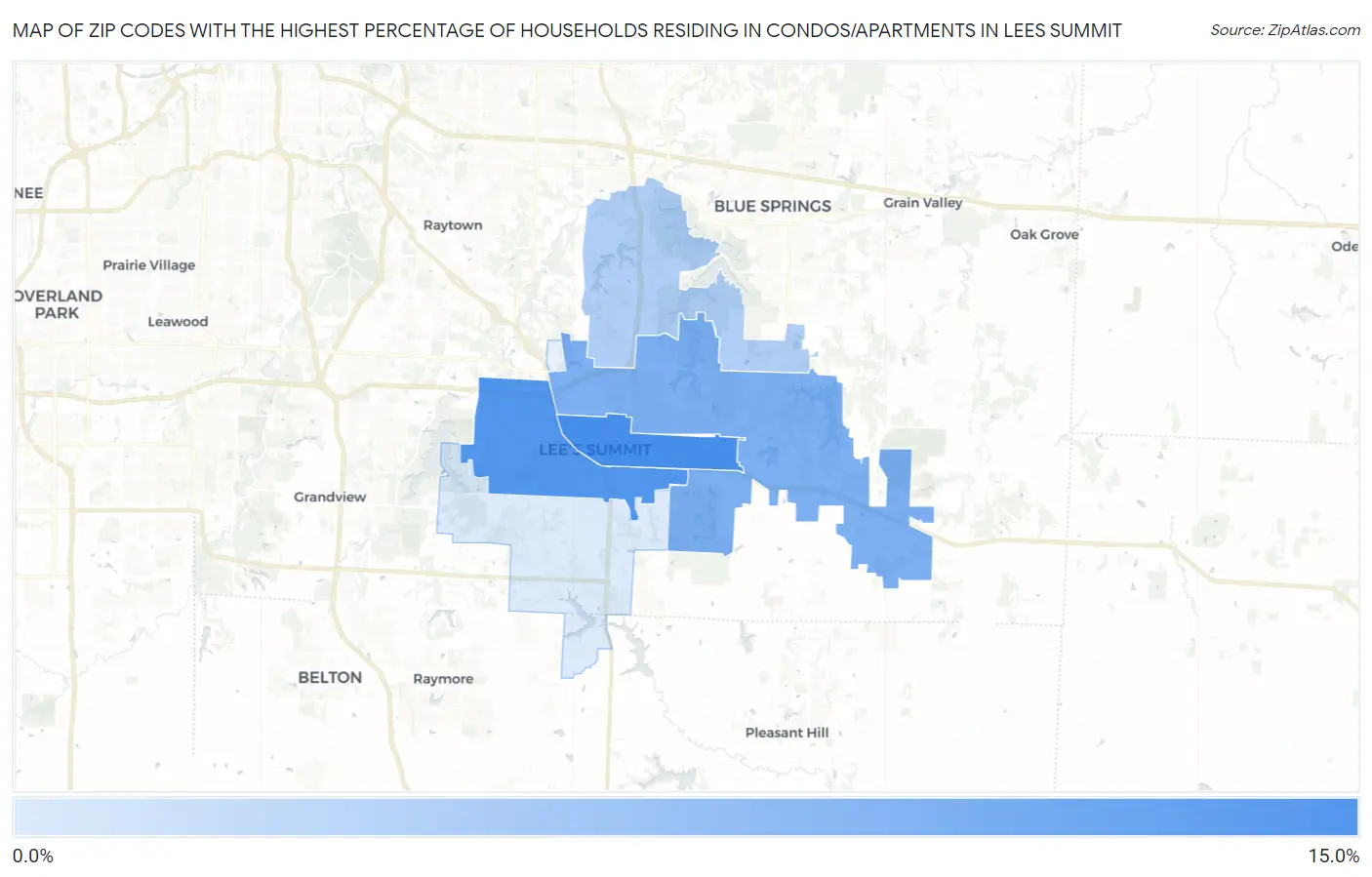 Zip Codes with the Highest Percentage of Households Residing in Condos/Apartments in Lees Summit Map