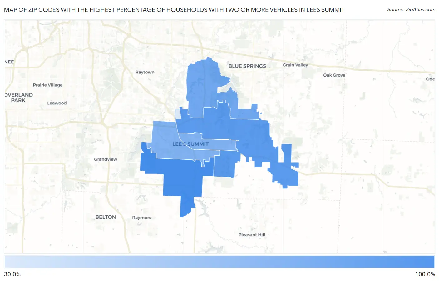 Zip Codes with the Highest Percentage of Households With Two or more Vehicles in Lees Summit Map