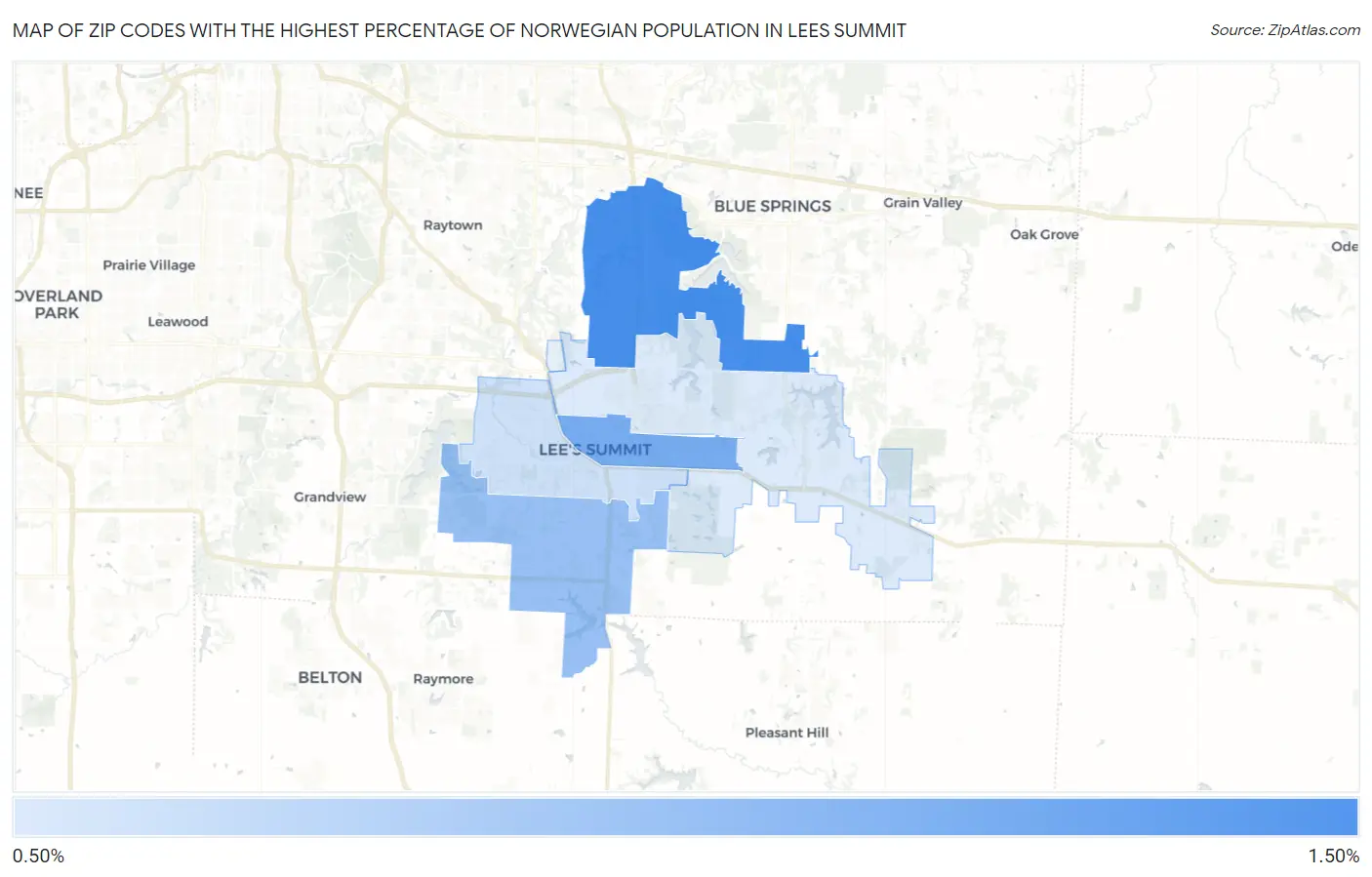 Zip Codes with the Highest Percentage of Norwegian Population in Lees Summit Map
