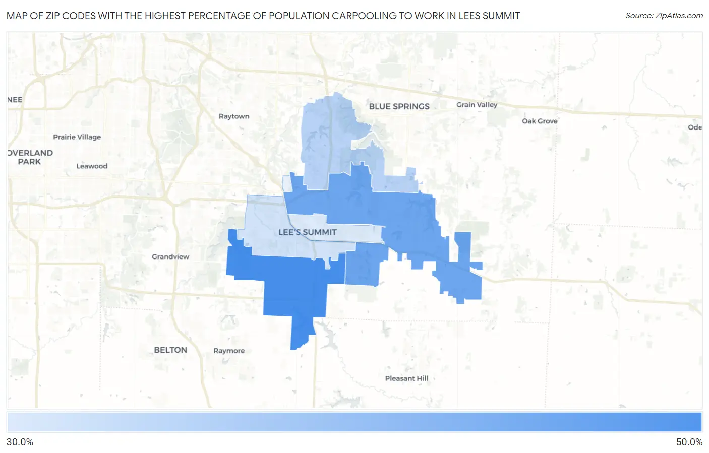 Zip Codes with the Highest Percentage of Population Carpooling to Work in Lees Summit Map