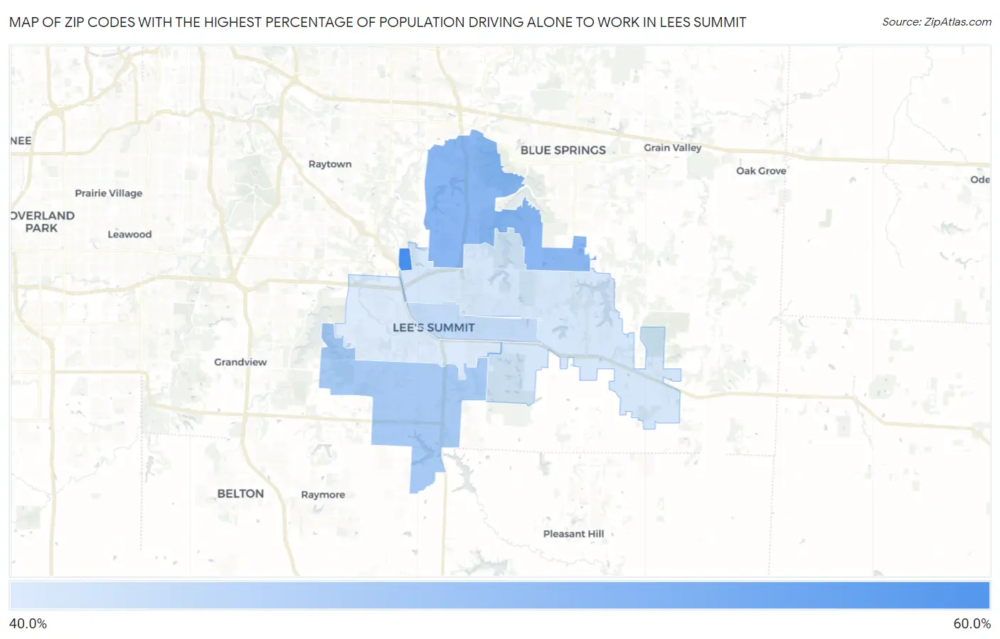 Zip Codes with the Highest Percentage of Population Driving Alone to Work in Lees Summit Map