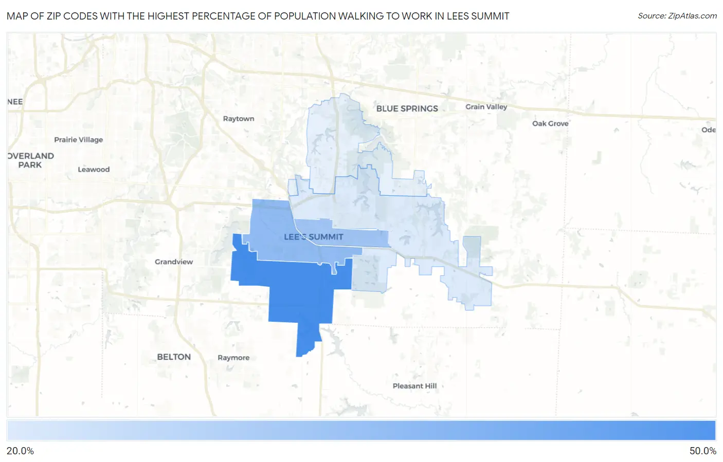 Zip Codes with the Highest Percentage of Population Walking to Work in Lees Summit Map
