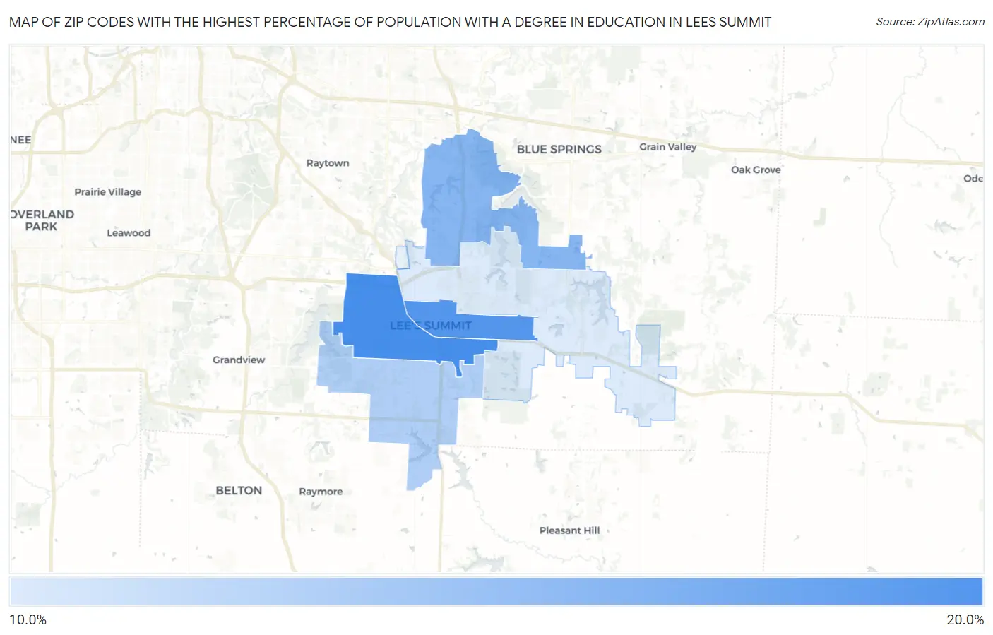 Zip Codes with the Highest Percentage of Population with a Degree in Education in Lees Summit Map