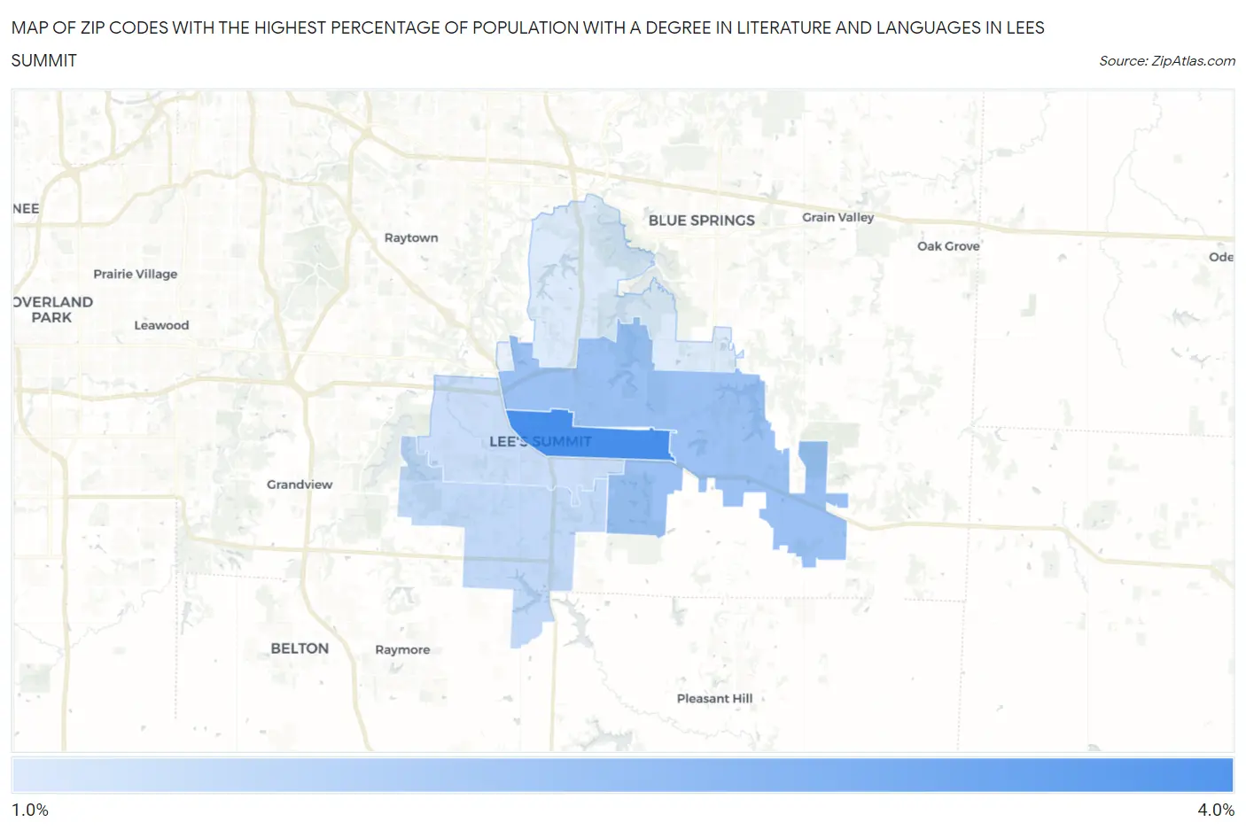 Zip Codes with the Highest Percentage of Population with a Degree in Literature and Languages in Lees Summit Map