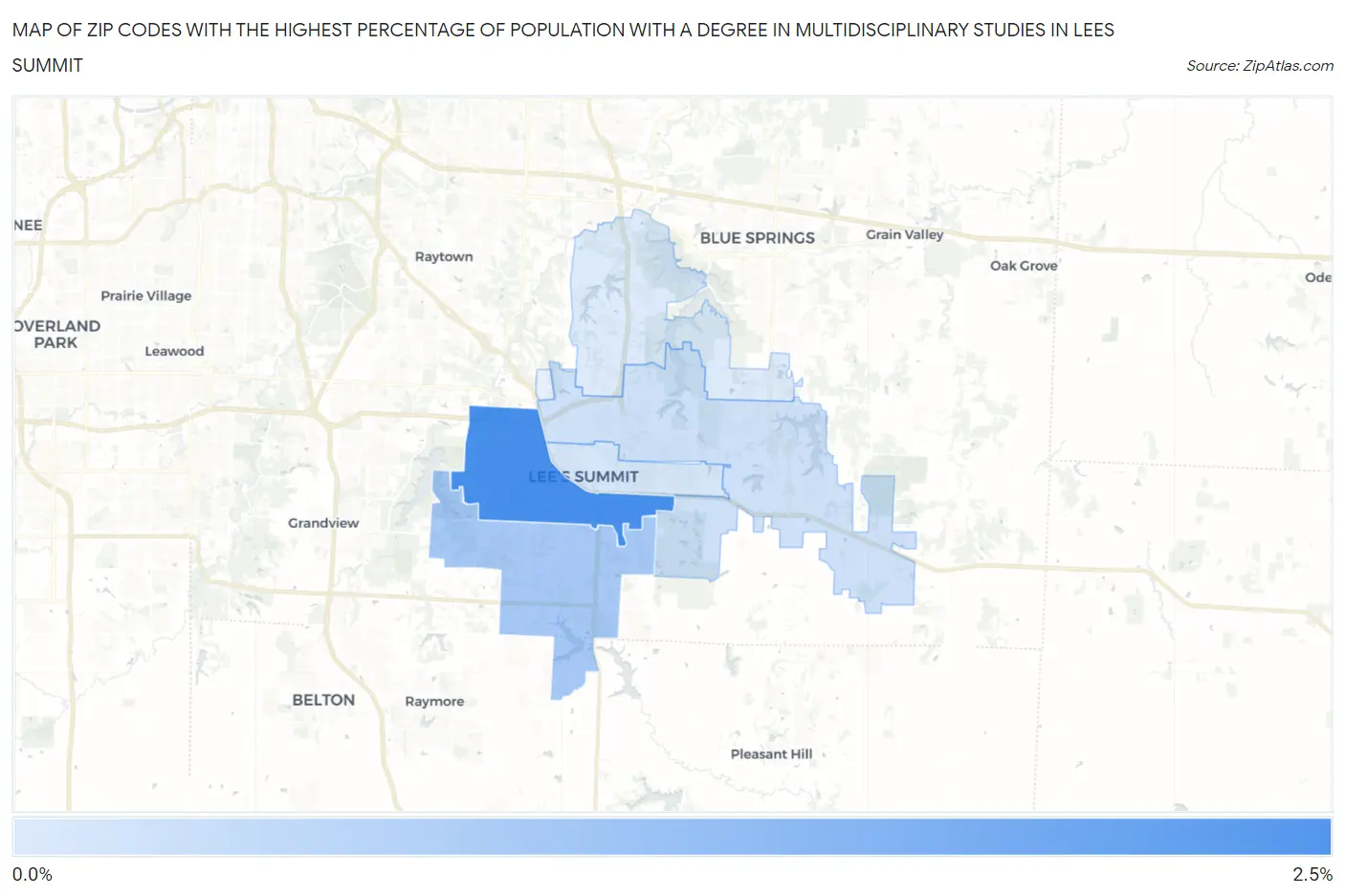 Zip Codes with the Highest Percentage of Population with a Degree in Multidisciplinary Studies in Lees Summit Map