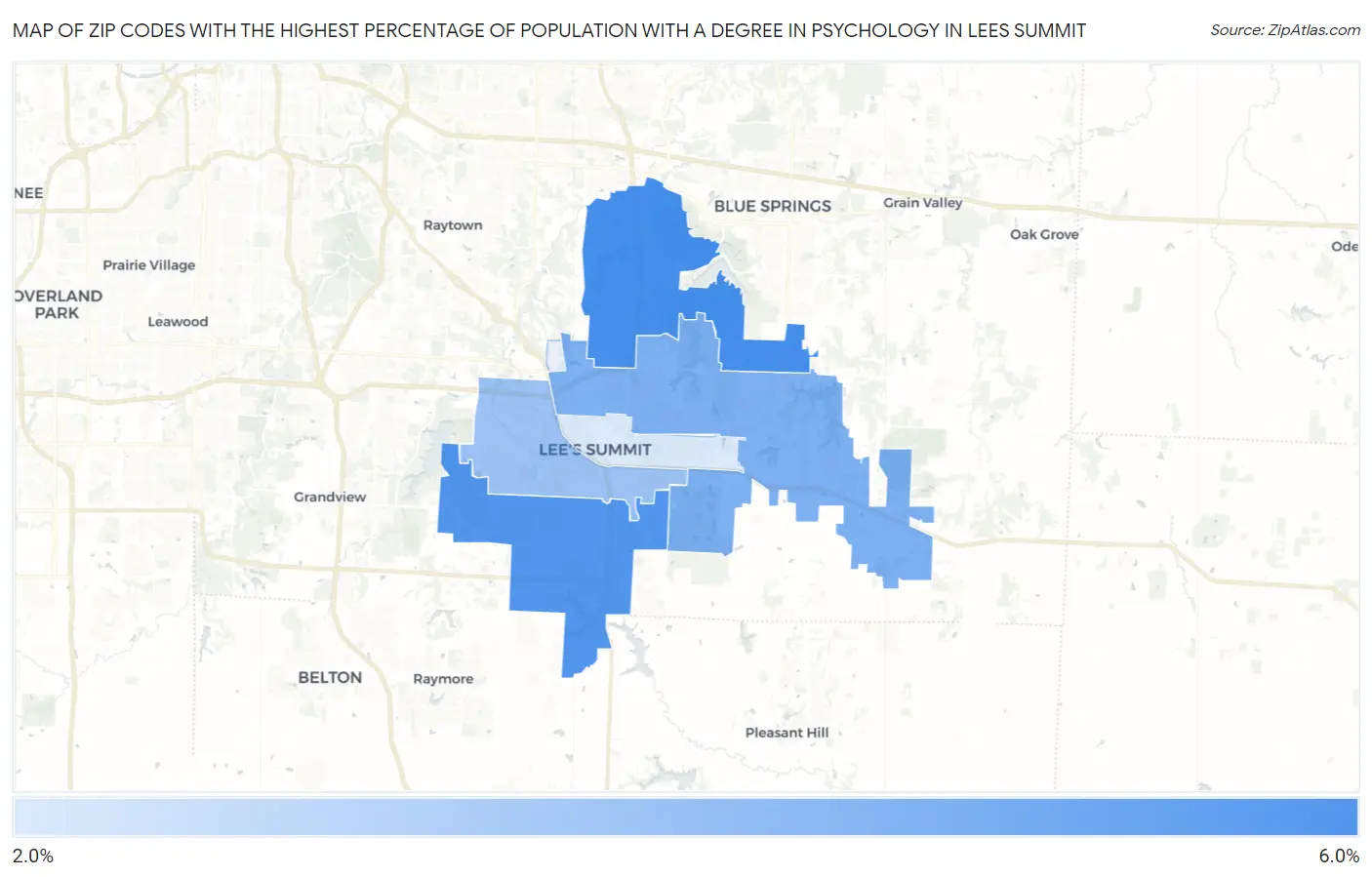 Zip Codes with the Highest Percentage of Population with a Degree in Psychology in Lees Summit Map