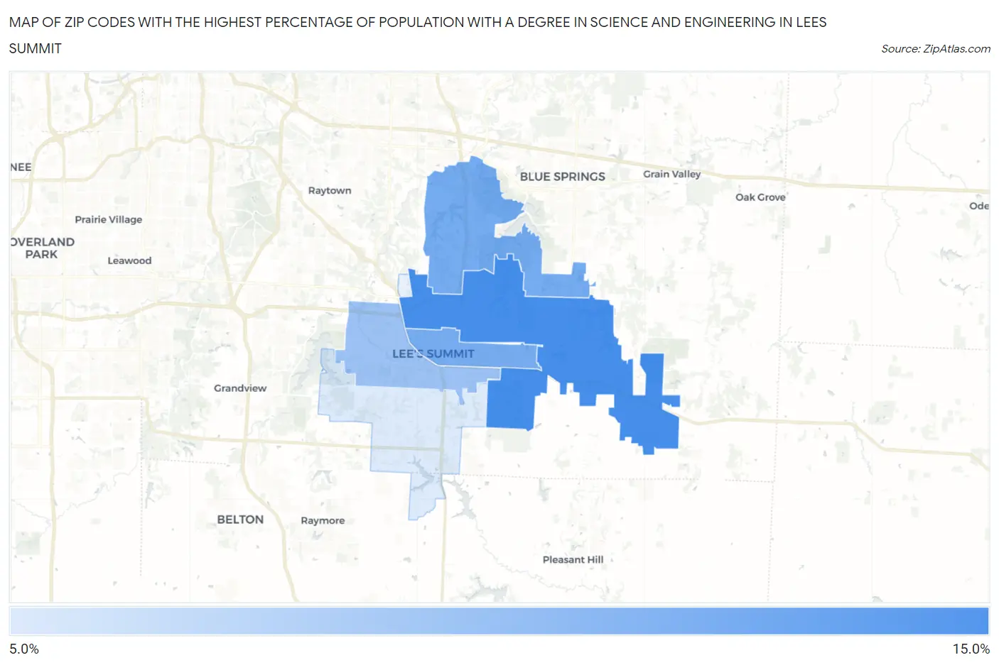 Zip Codes with the Highest Percentage of Population with a Degree in Science and Engineering in Lees Summit Map