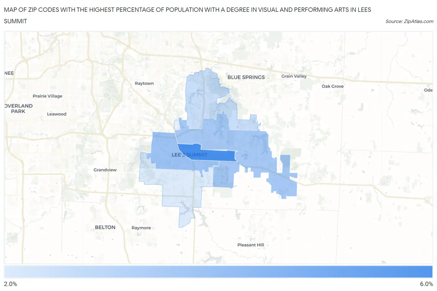 Zip Codes with the Highest Percentage of Population with a Degree in Visual and Performing Arts in Lees Summit Map