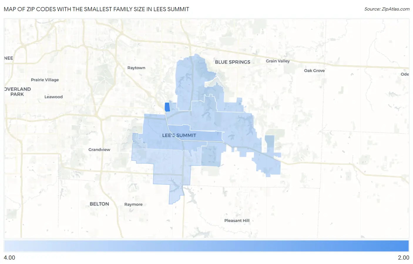 Zip Codes with the Smallest Family Size in Lees Summit Map