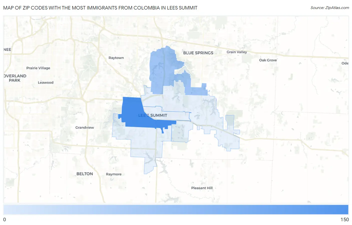 Zip Codes with the Most Immigrants from Colombia in Lees Summit Map