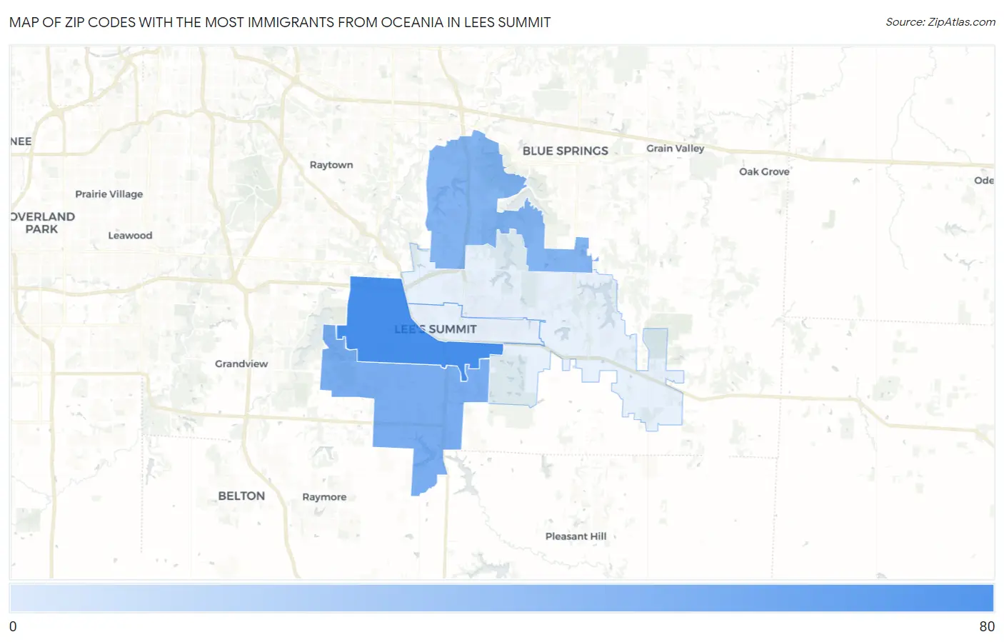 Zip Codes with the Most Immigrants from Oceania in Lees Summit Map