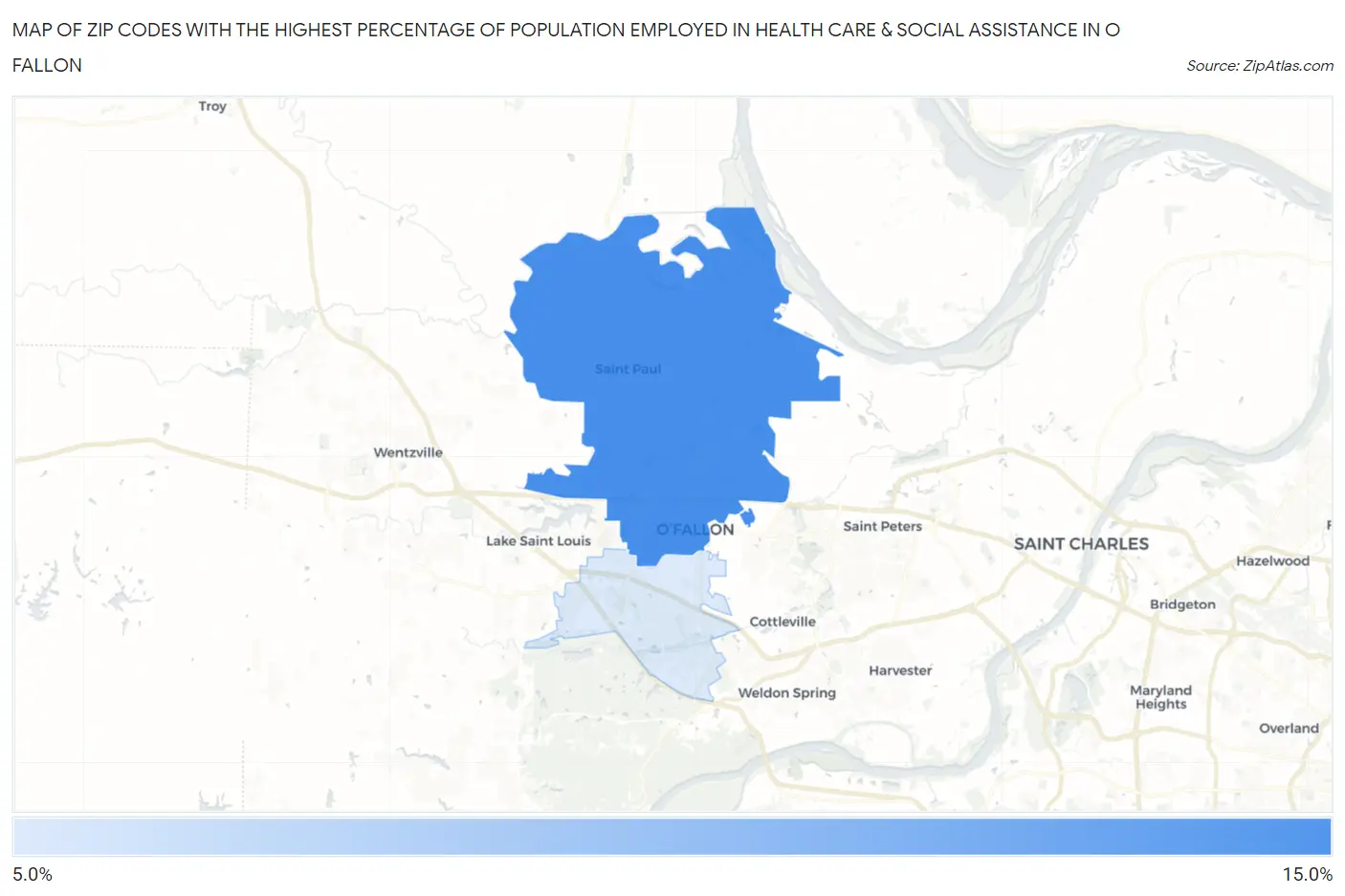 Zip Codes with the Highest Percentage of Population Employed in Health Care & Social Assistance in O Fallon Map