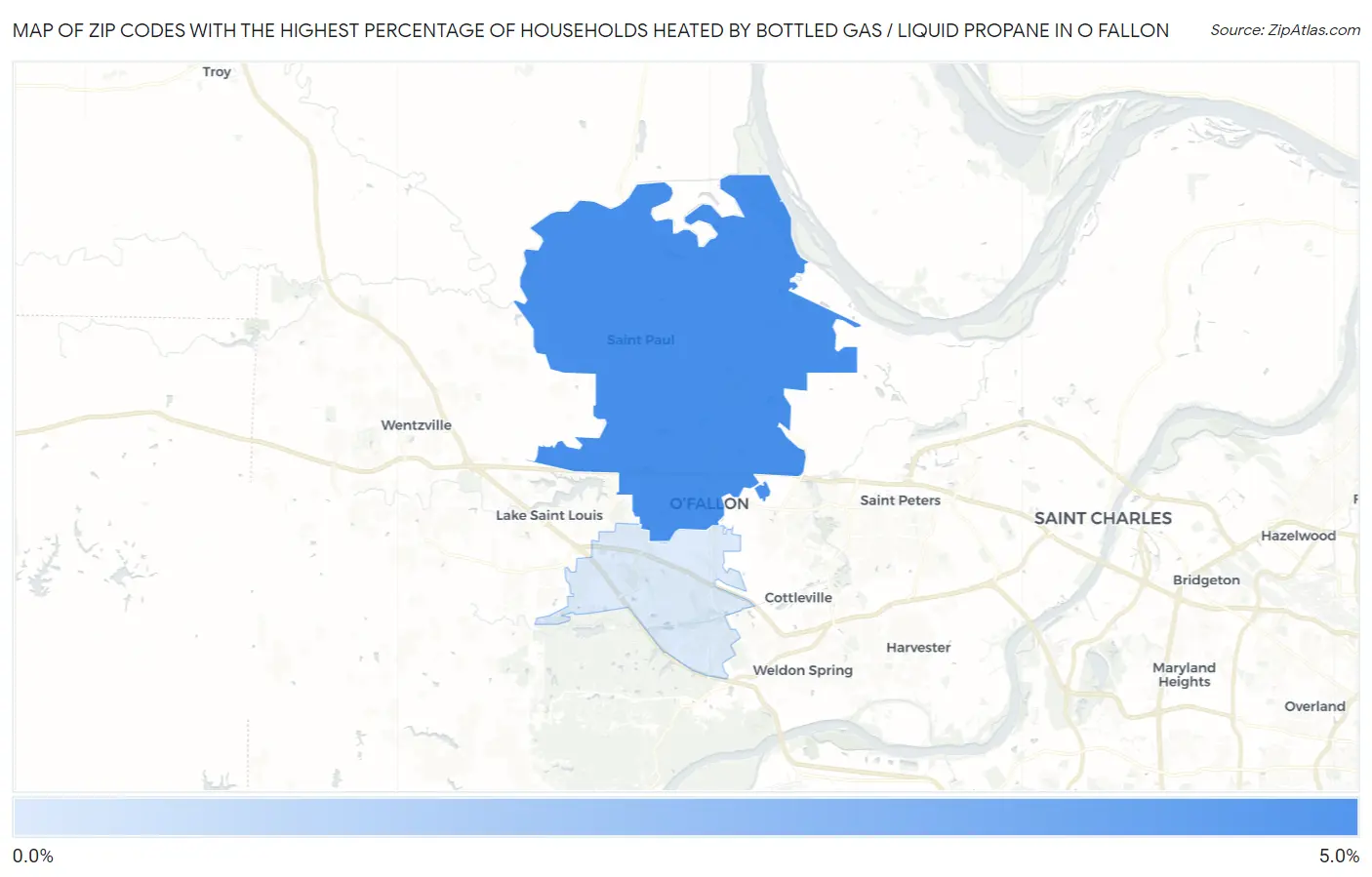 Zip Codes with the Highest Percentage of Households Heated by Bottled Gas / Liquid Propane in O Fallon Map