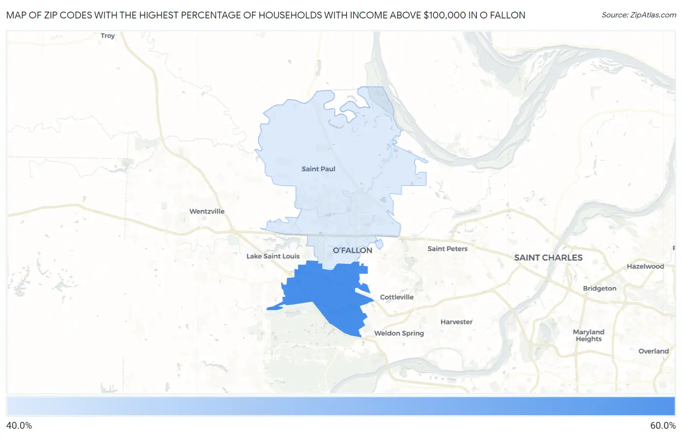 Zip Codes with the Highest Percentage of Households with Income Above $100,000 in O Fallon Map