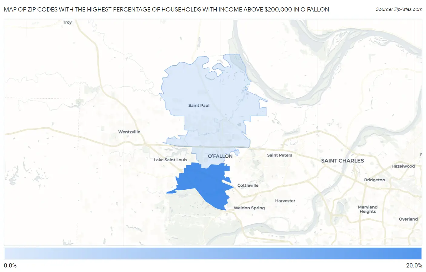 Zip Codes with the Highest Percentage of Households with Income Above $200,000 in O Fallon Map