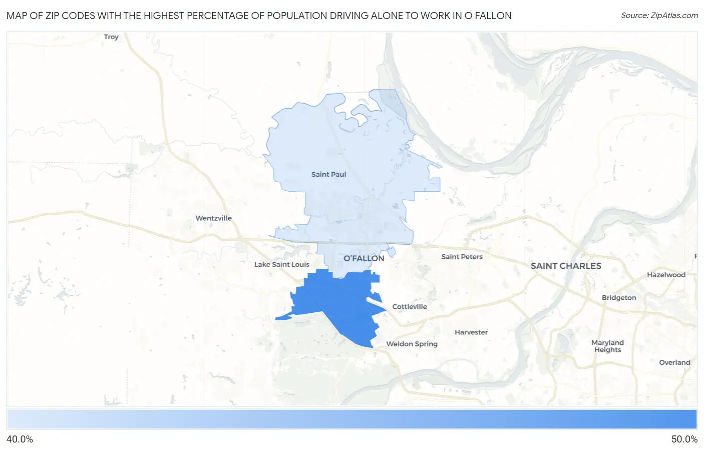 Zip Codes with the Highest Percentage of Population Driving Alone to Work in O Fallon Map