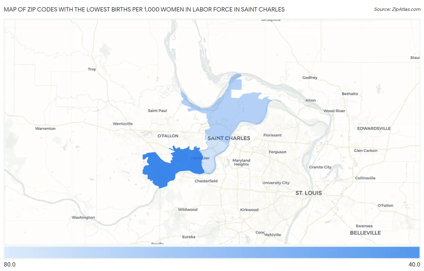 Zip Codes with the Lowest Births per 1,000 Women in Labor Force in Saint Charles Map