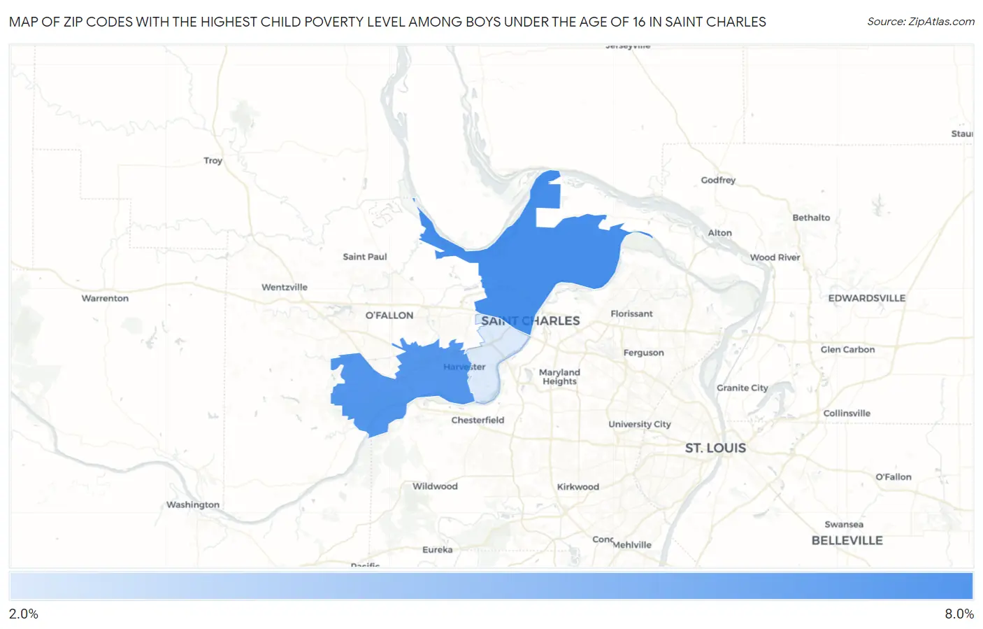 Zip Codes with the Highest Child Poverty Level Among Boys Under the Age of 16 in Saint Charles Map