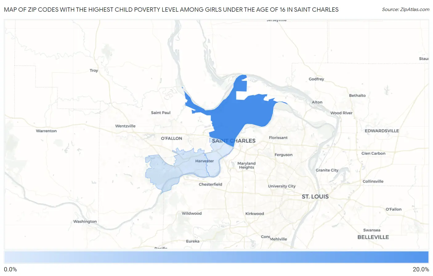 Zip Codes with the Highest Child Poverty Level Among Girls Under the Age of 16 in Saint Charles Map