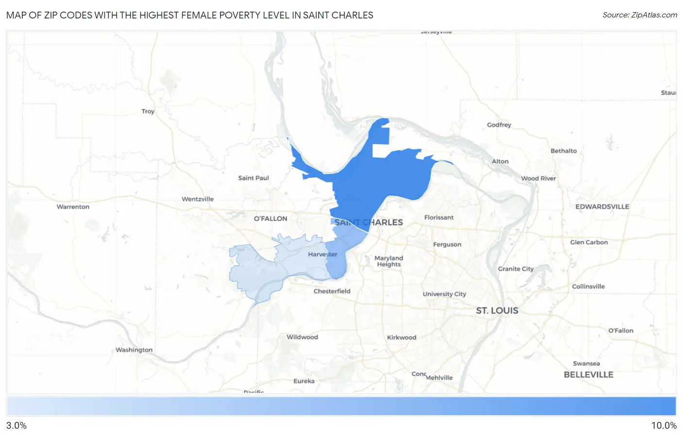 Zip Codes with the Highest Female Poverty Level in Saint Charles Map