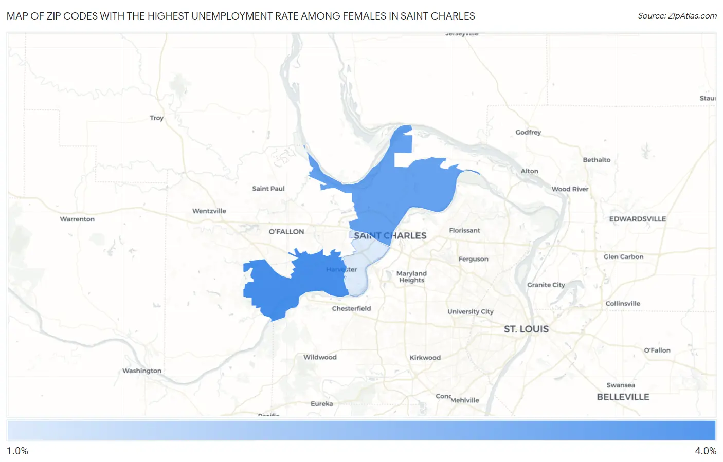 Zip Codes with the Highest Unemployment Rate Among Females in Saint Charles Map