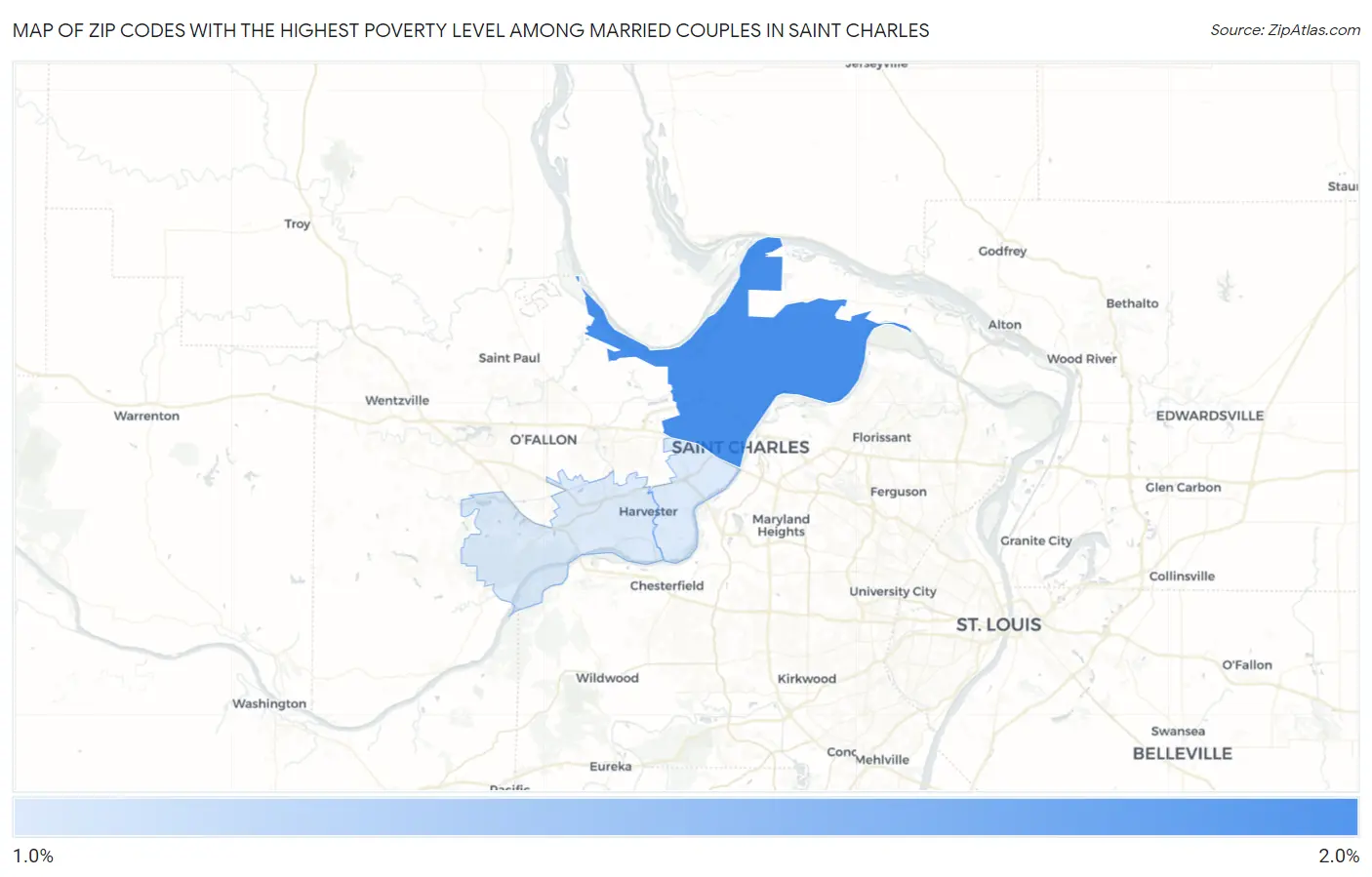 Zip Codes with the Highest Poverty Level Among Married Couples in Saint Charles Map