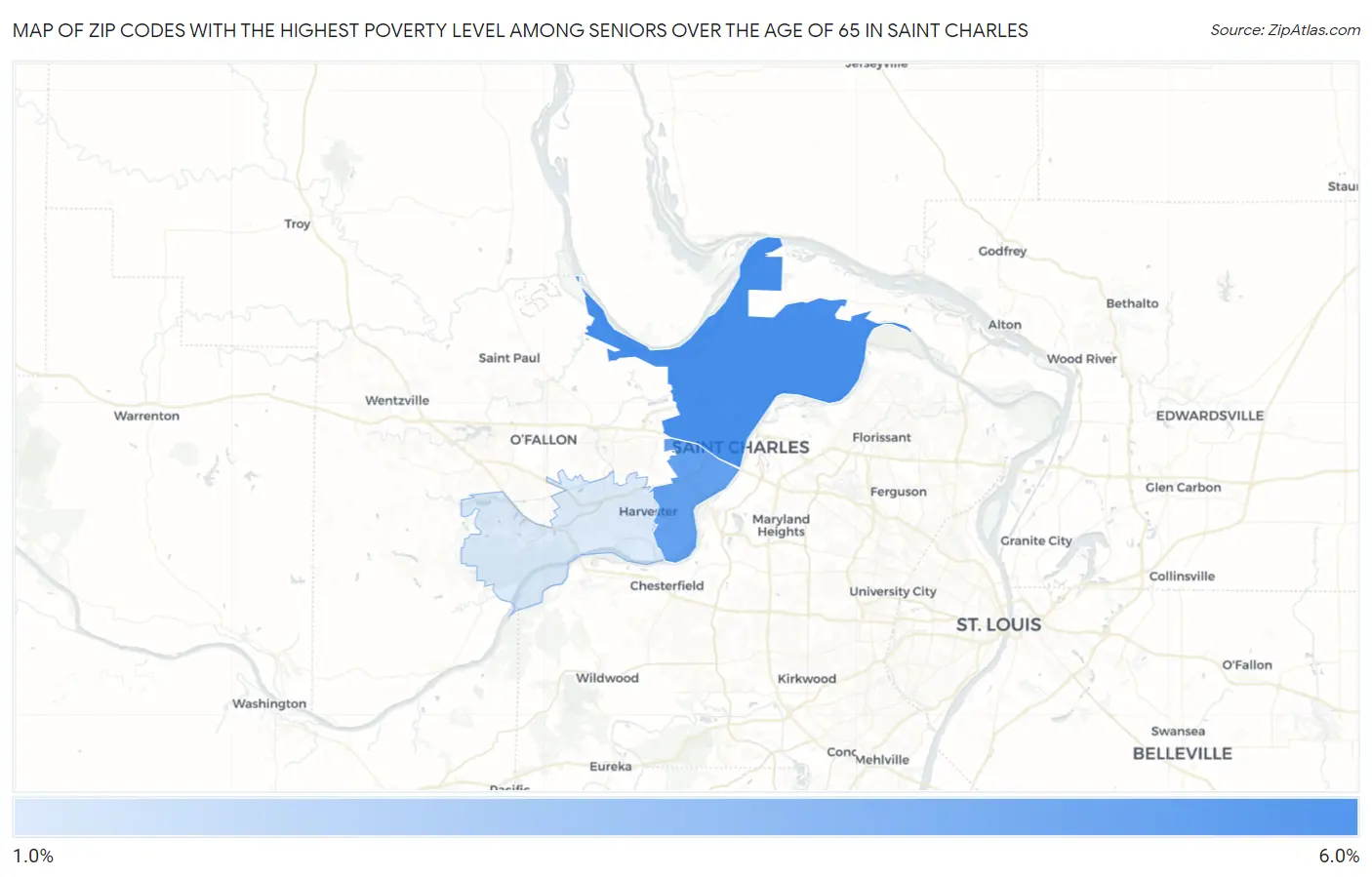 Zip Codes with the Highest Poverty Level Among Seniors Over the Age of 65 in Saint Charles Map