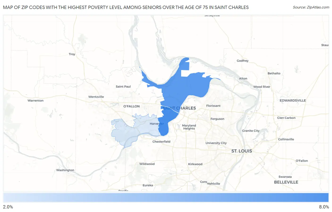 Zip Codes with the Highest Poverty Level Among Seniors Over the Age of 75 in Saint Charles Map
