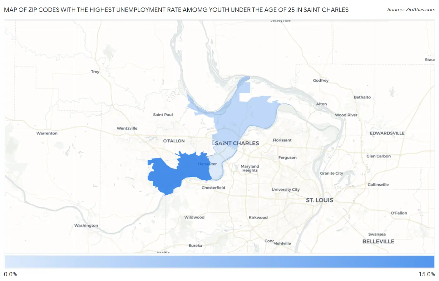 Zip Codes with the Highest Unemployment Rate Amomg Youth Under the Age of 25 in Saint Charles Map