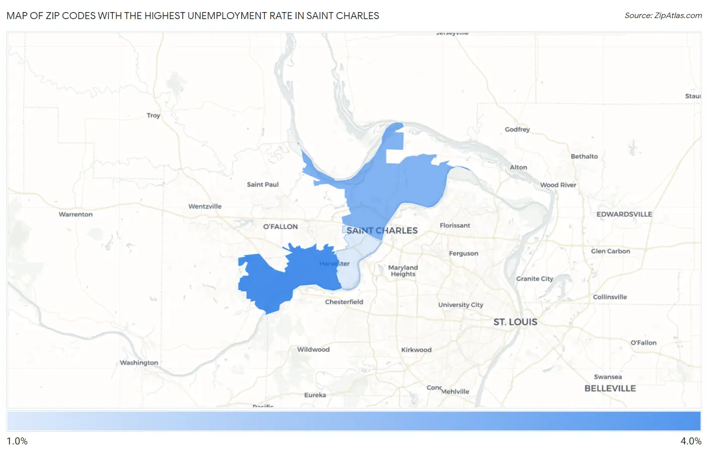 Zip Codes with the Highest Unemployment Rate in Saint Charles Map