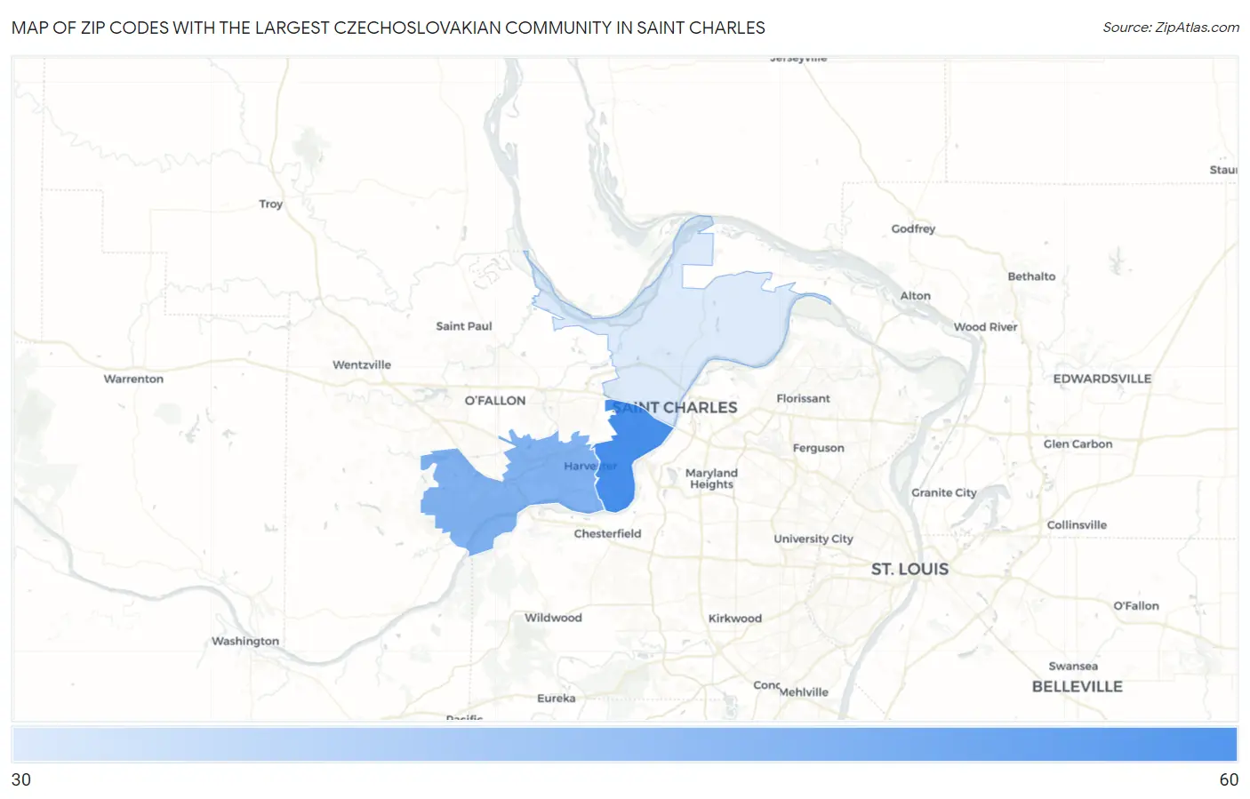 Zip Codes with the Largest Czechoslovakian Community in Saint Charles Map