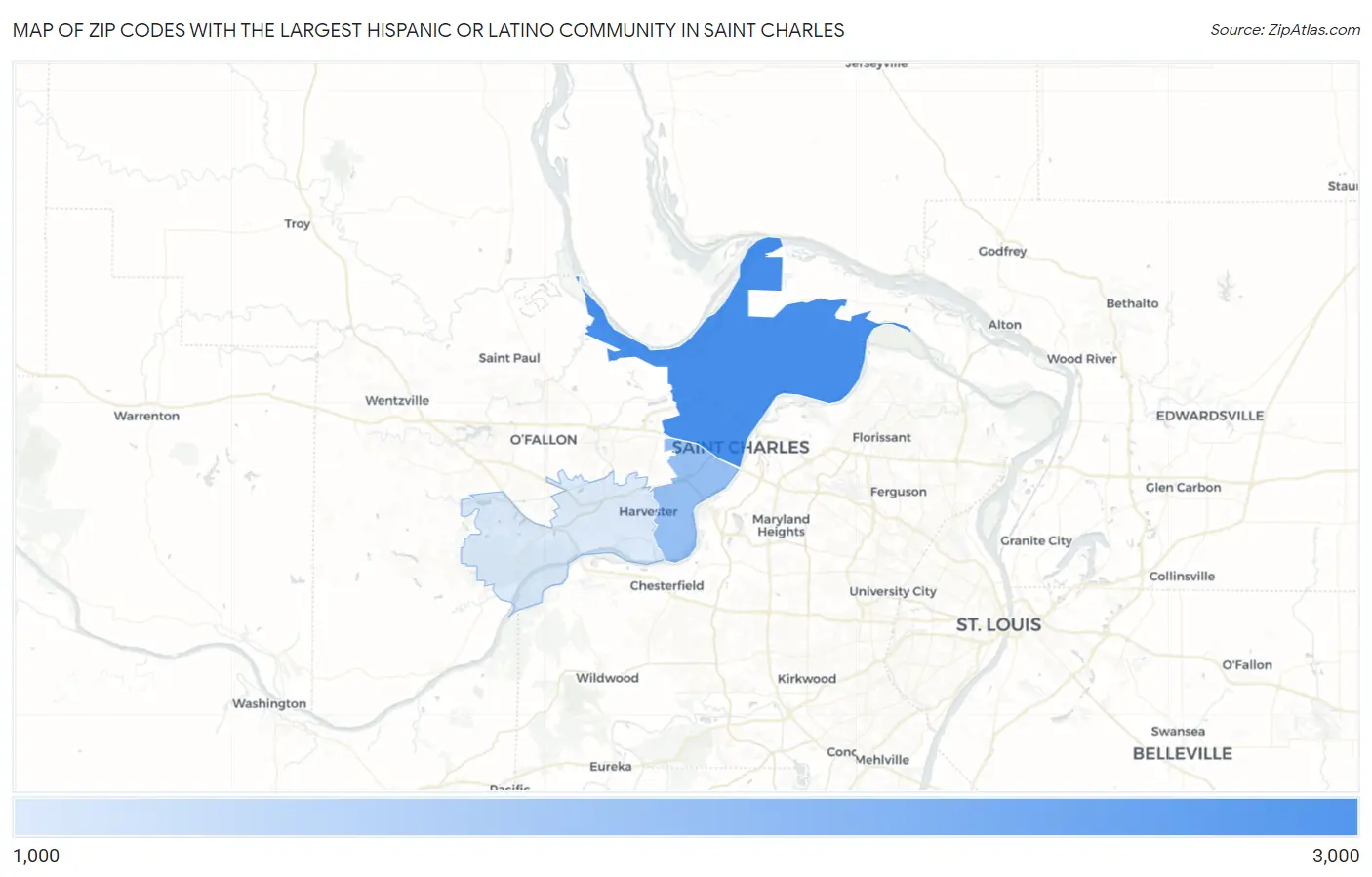 Zip Codes with the Largest Hispanic or Latino Community in Saint Charles Map