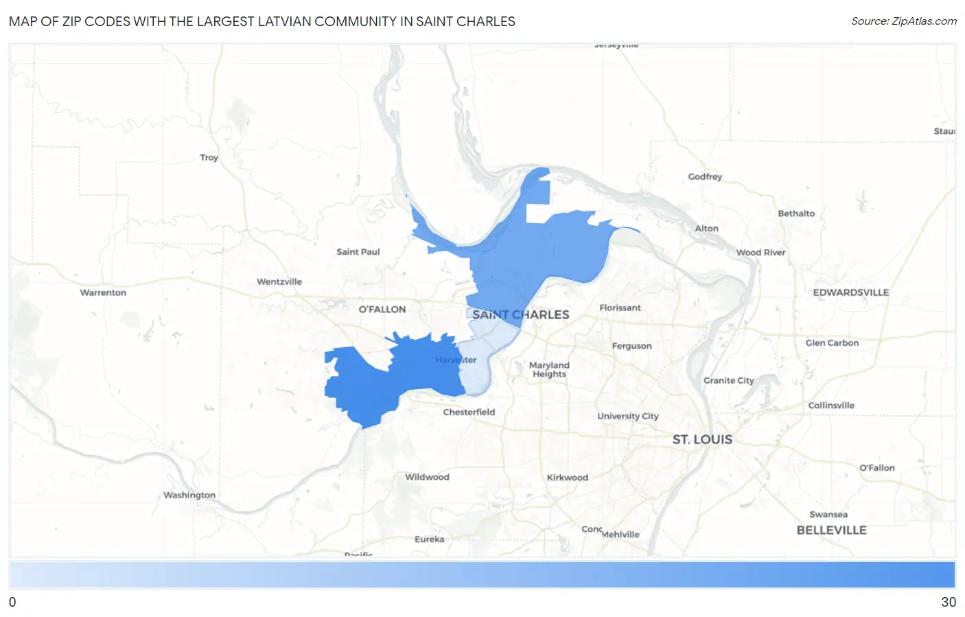 Zip Codes with the Largest Latvian Community in Saint Charles Map