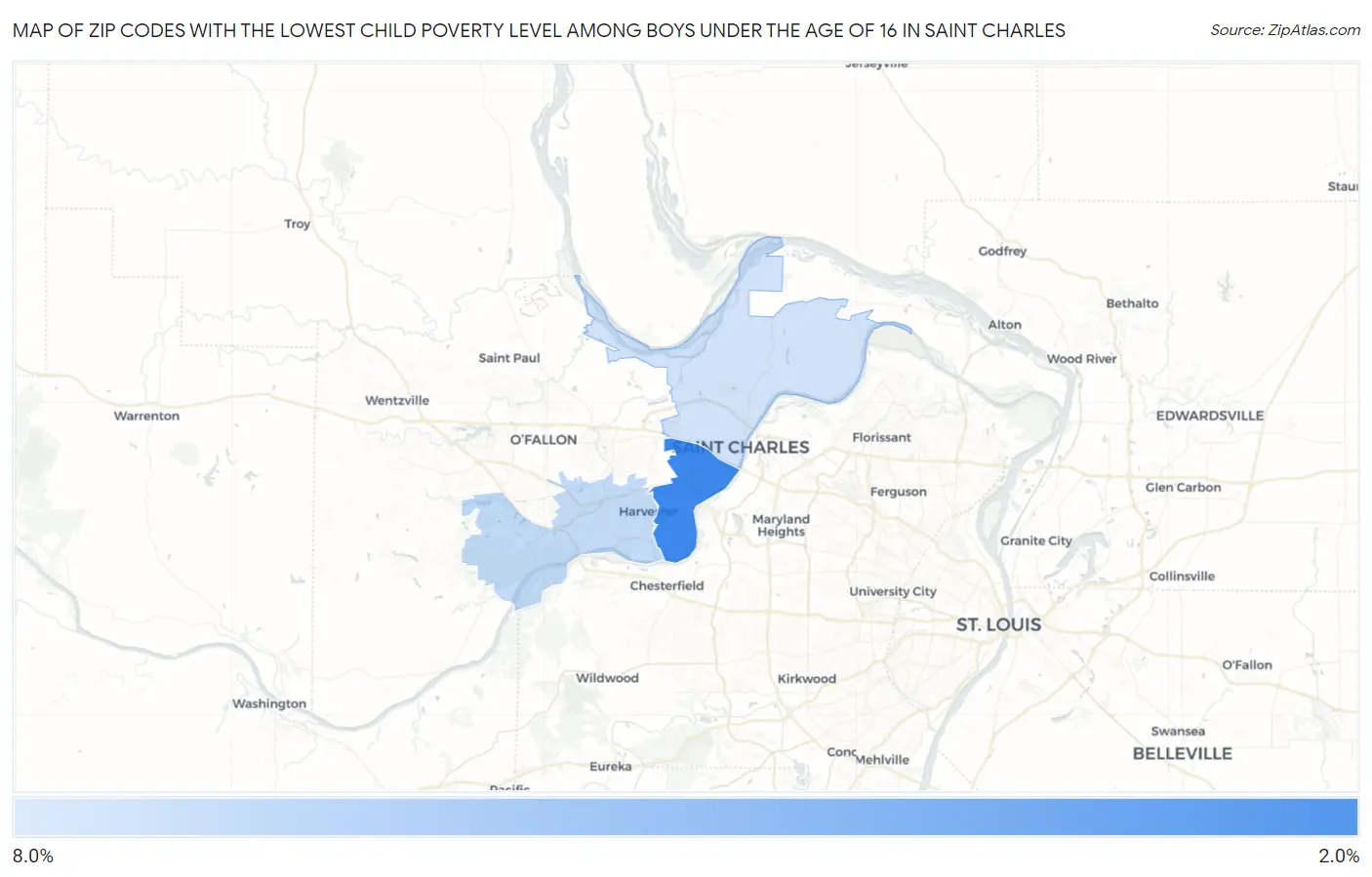 Zip Codes with the Lowest Child Poverty Level Among Boys Under the Age of 16 in Saint Charles Map