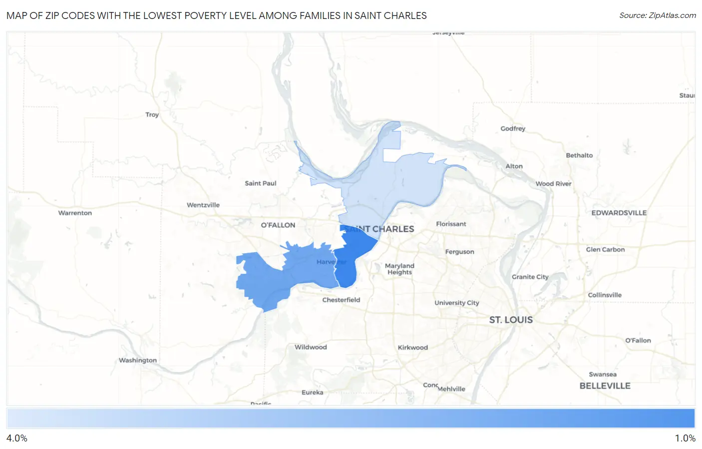 Zip Codes with the Lowest Poverty Level Among Families in Saint Charles Map
