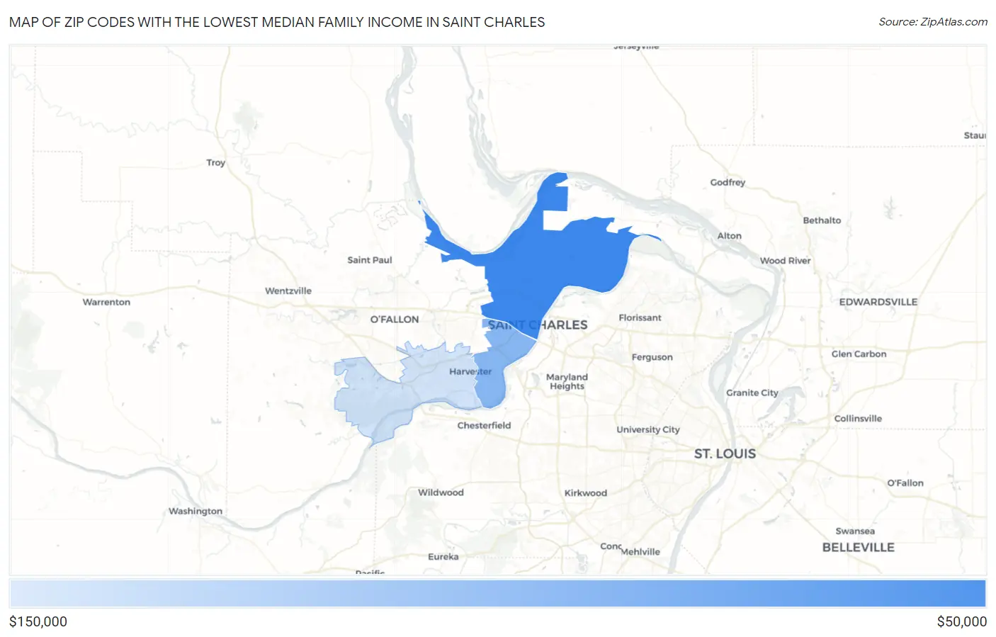 Zip Codes with the Lowest Median Family Income in Saint Charles Map