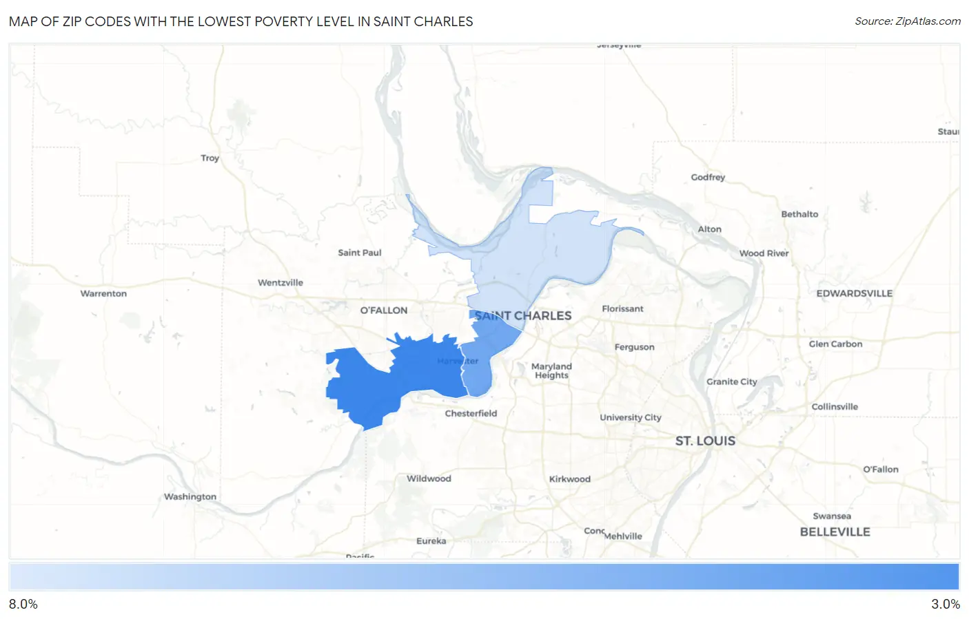 Zip Codes with the Lowest Poverty Level in Saint Charles Map