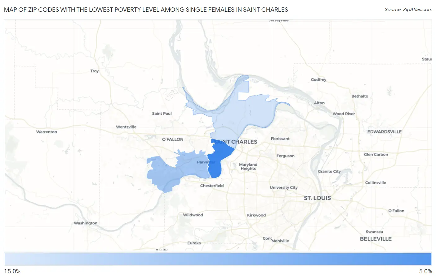 Zip Codes with the Lowest Poverty Level Among Single Females in Saint Charles Map