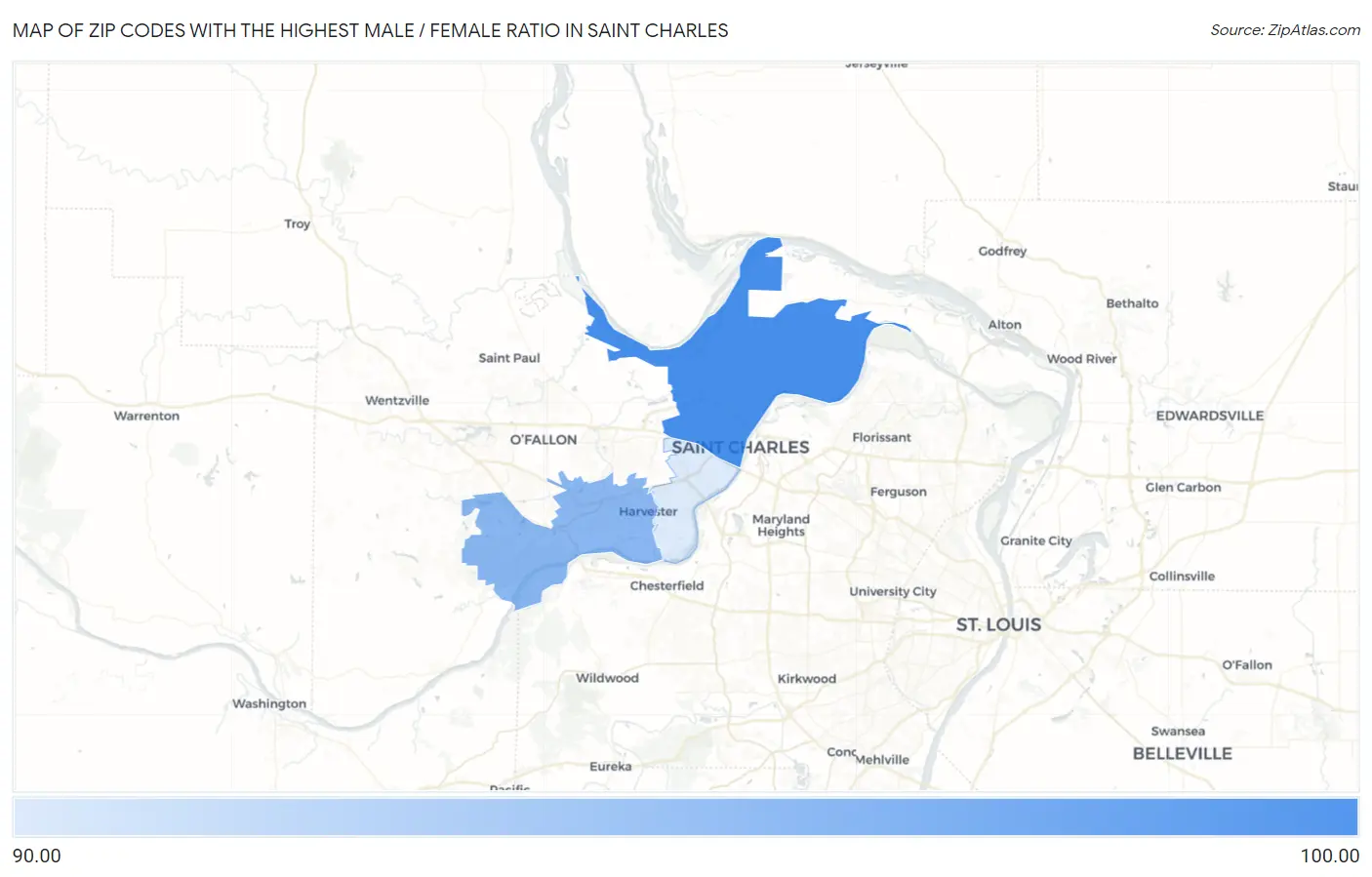 Zip Codes with the Highest Male / Female Ratio in Saint Charles Map