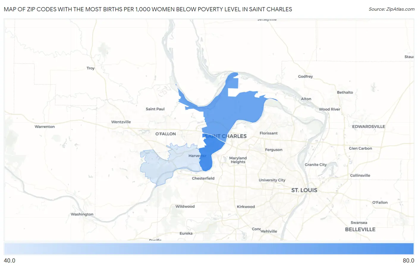 Zip Codes with the Most Births per 1,000 Women Below Poverty Level in Saint Charles Map