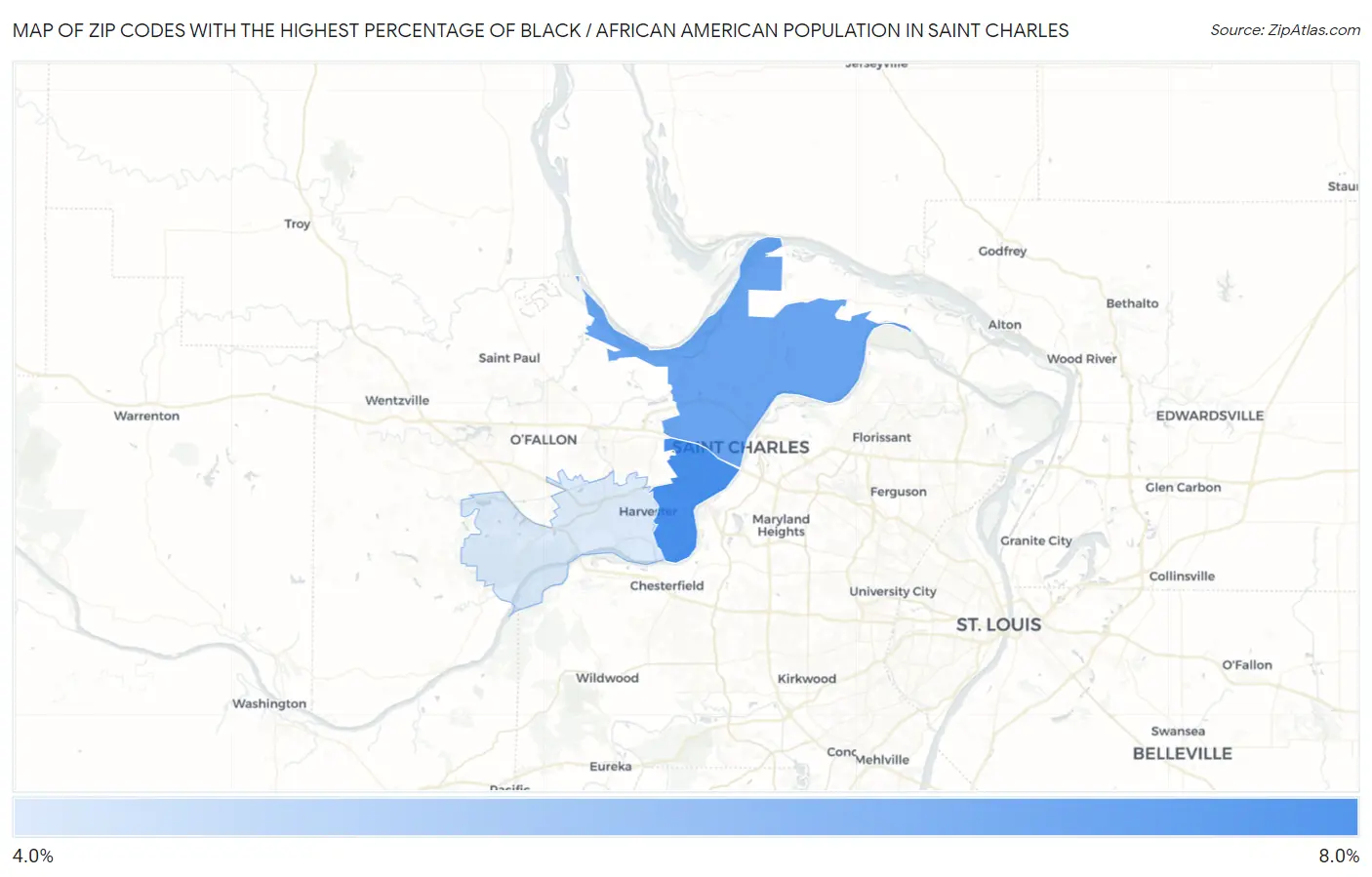 Zip Codes with the Highest Percentage of Black / African American Population in Saint Charles Map