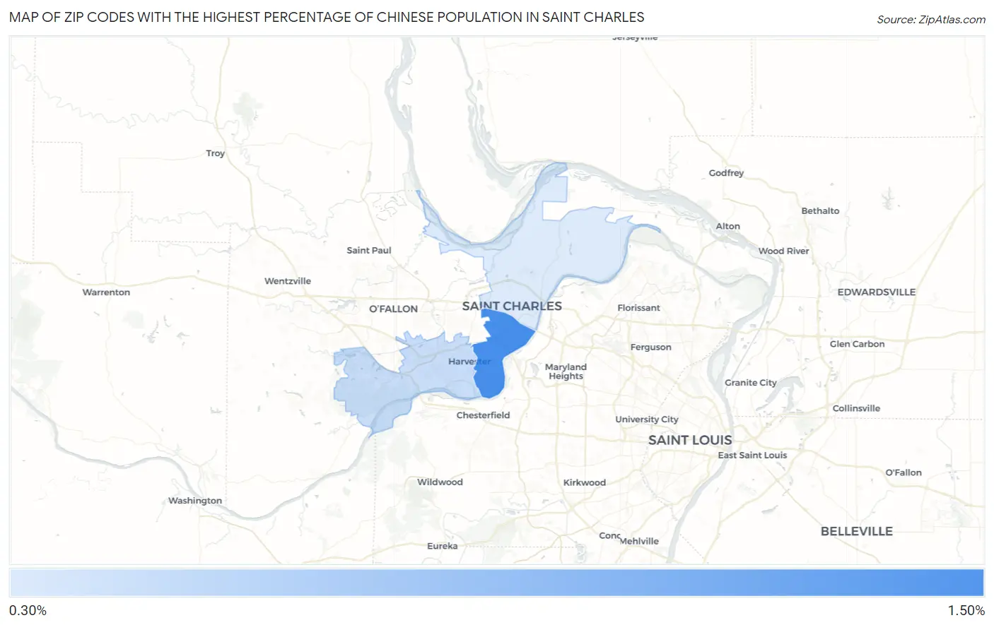 Zip Codes with the Highest Percentage of Chinese Population in Saint Charles Map