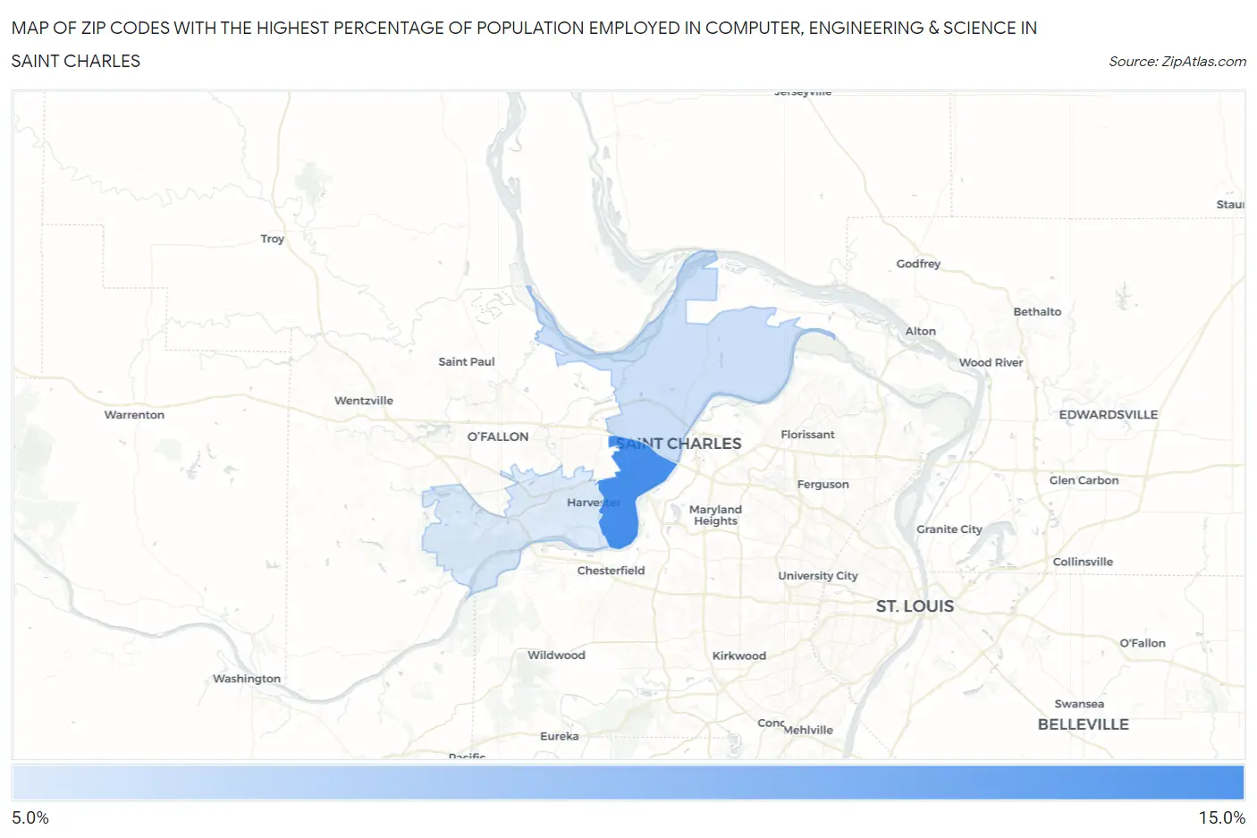 Zip Codes with the Highest Percentage of Population Employed in Computer, Engineering & Science in Saint Charles Map