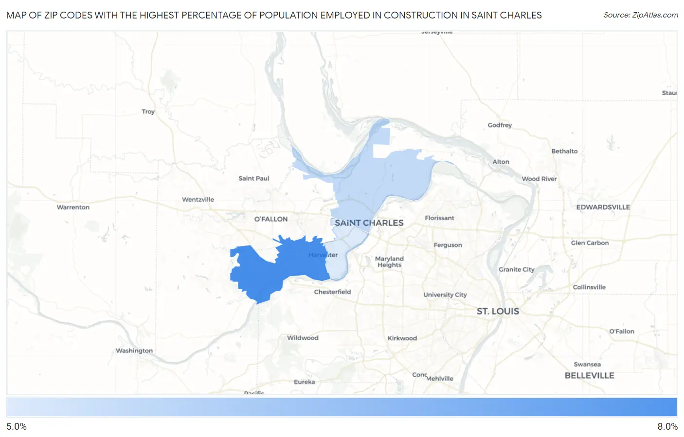 Zip Codes with the Highest Percentage of Population Employed in Construction in Saint Charles Map