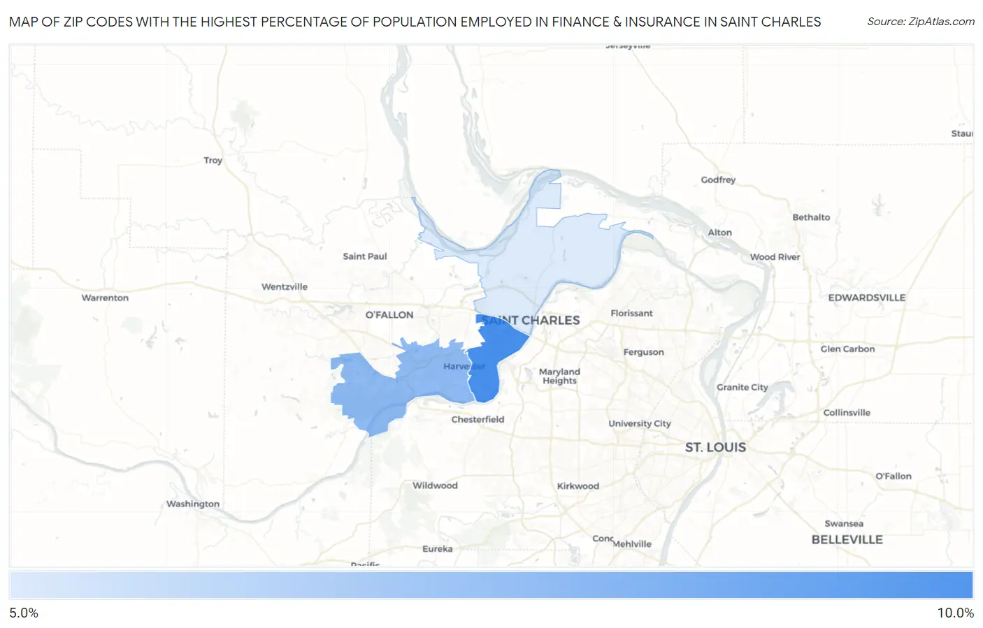 Zip Codes with the Highest Percentage of Population Employed in Finance & Insurance in Saint Charles Map