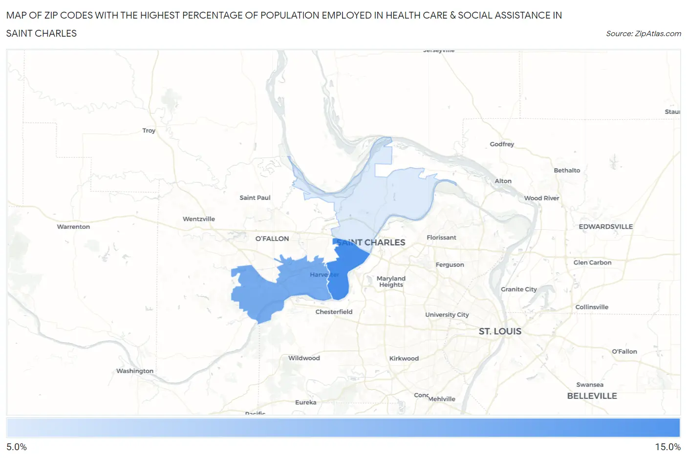 Zip Codes with the Highest Percentage of Population Employed in Health Care & Social Assistance in Saint Charles Map
