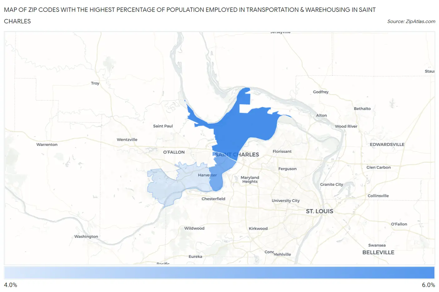 Zip Codes with the Highest Percentage of Population Employed in Transportation & Warehousing in Saint Charles Map