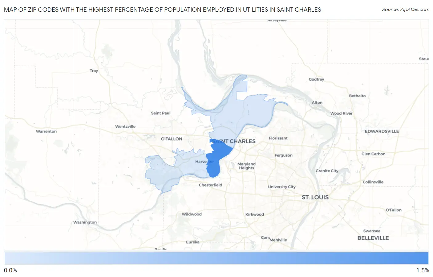 Zip Codes with the Highest Percentage of Population Employed in Utilities in Saint Charles Map