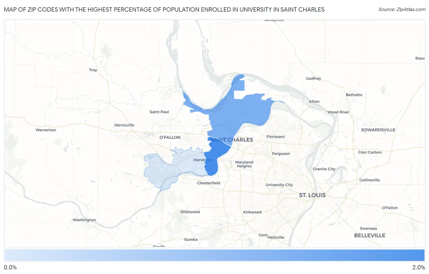 Zip Codes with the Highest Percentage of Population Enrolled in University in Saint Charles Map