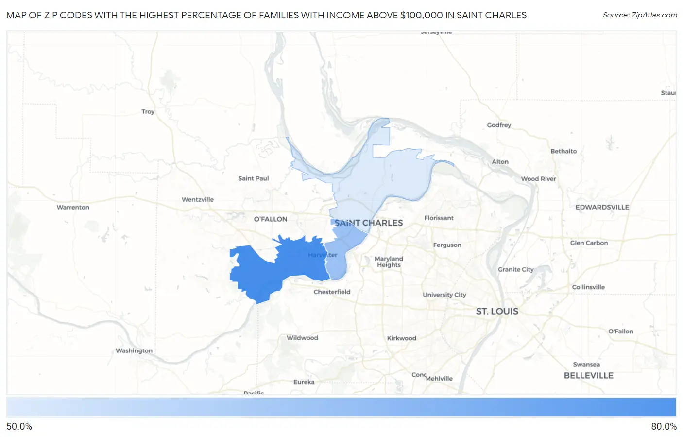 Zip Codes with the Highest Percentage of Families with Income Above $100,000 in Saint Charles Map